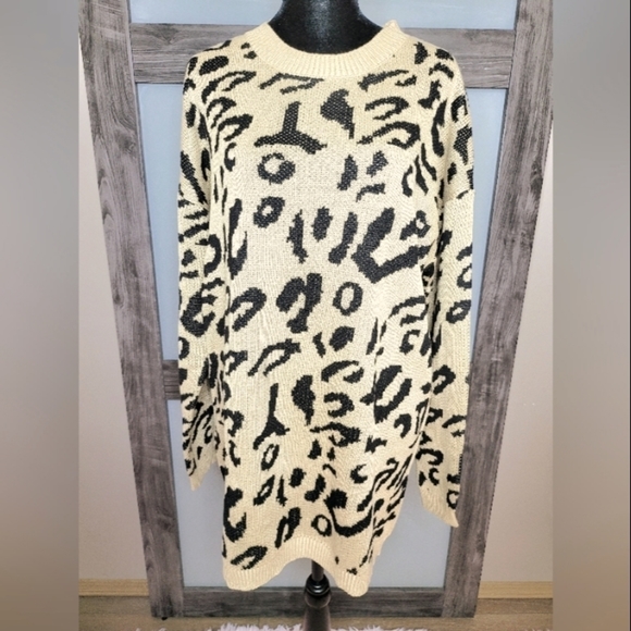 Women's Leopard Print Long Sleeve Sweater Dress- Light Brown/ Black - Picture 6 of 13